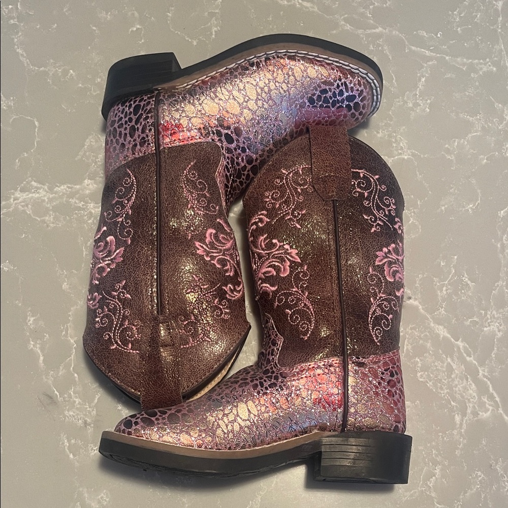 Old West Brown and Pink Embroidered Boots